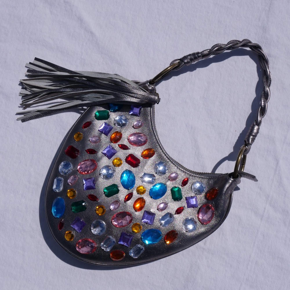 Fun modern Nordstrom metallic leather bedazzled crescent shaped shoulder bag